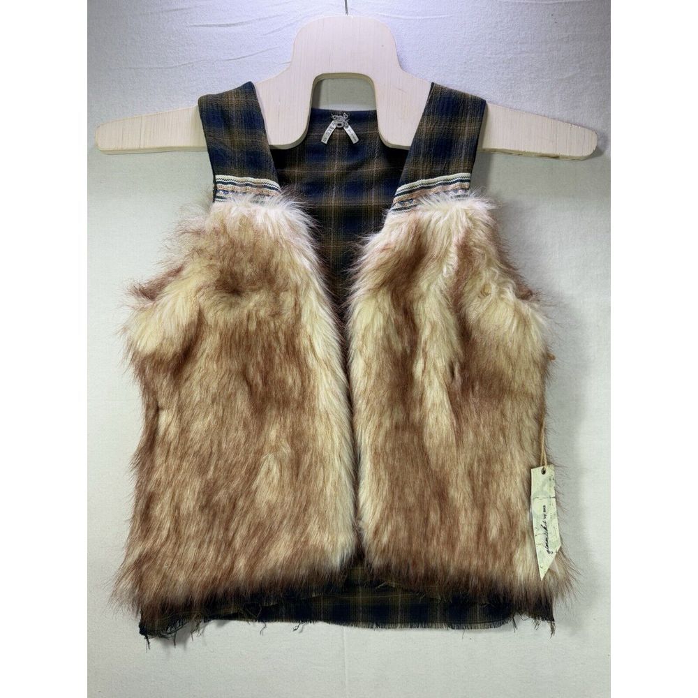 BKE Gimmicks Vest Womens Small Brown Faux Fur Plaid Native American Trim